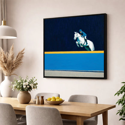 Airborne Over Azure show jumping horse wall art displayed in a dining room