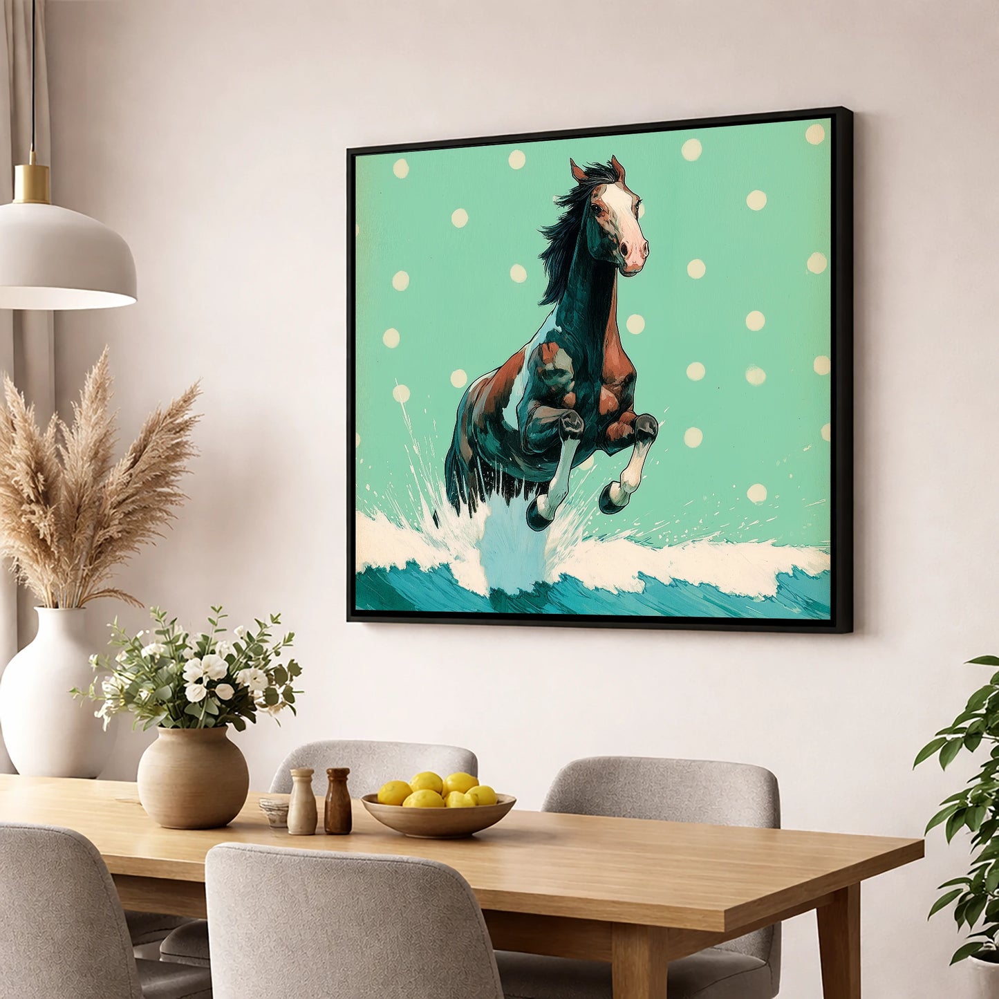 Graphic Ocean Surge beach horse wall art displayed in a dining room