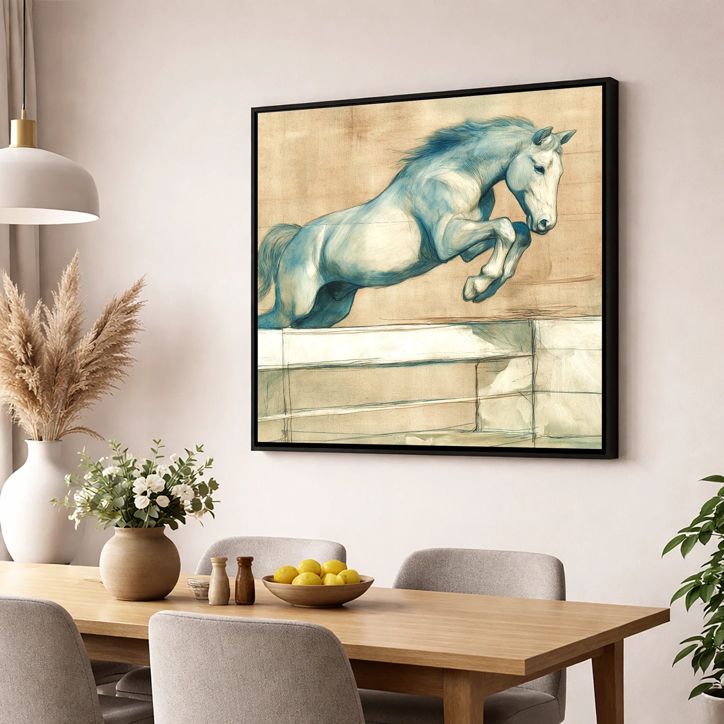 Airborne Grace show jumping horse wall art displayed in a dining room