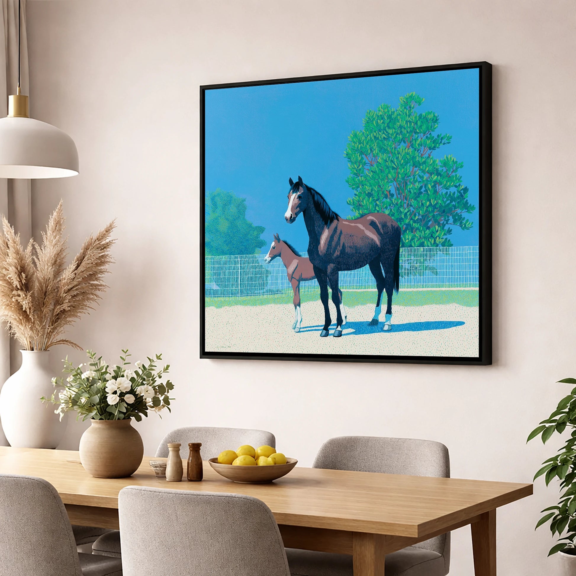 Summer Paddock Serenity mare & foal wall art displayed in a dining room