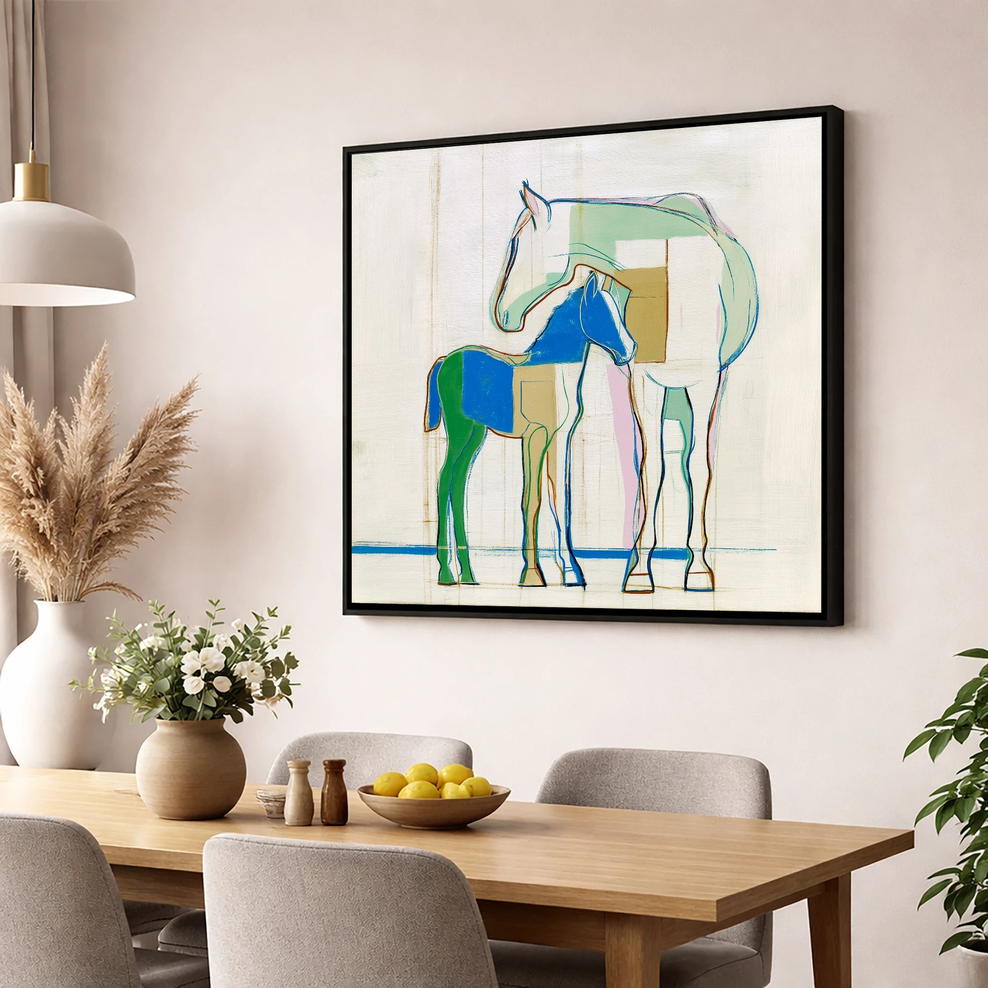Modern Equine Kinship mare & foal wall art displayed in a dining room