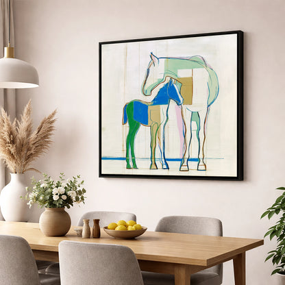 Modern Equine Kinship mare & foal wall art displayed in a dining room