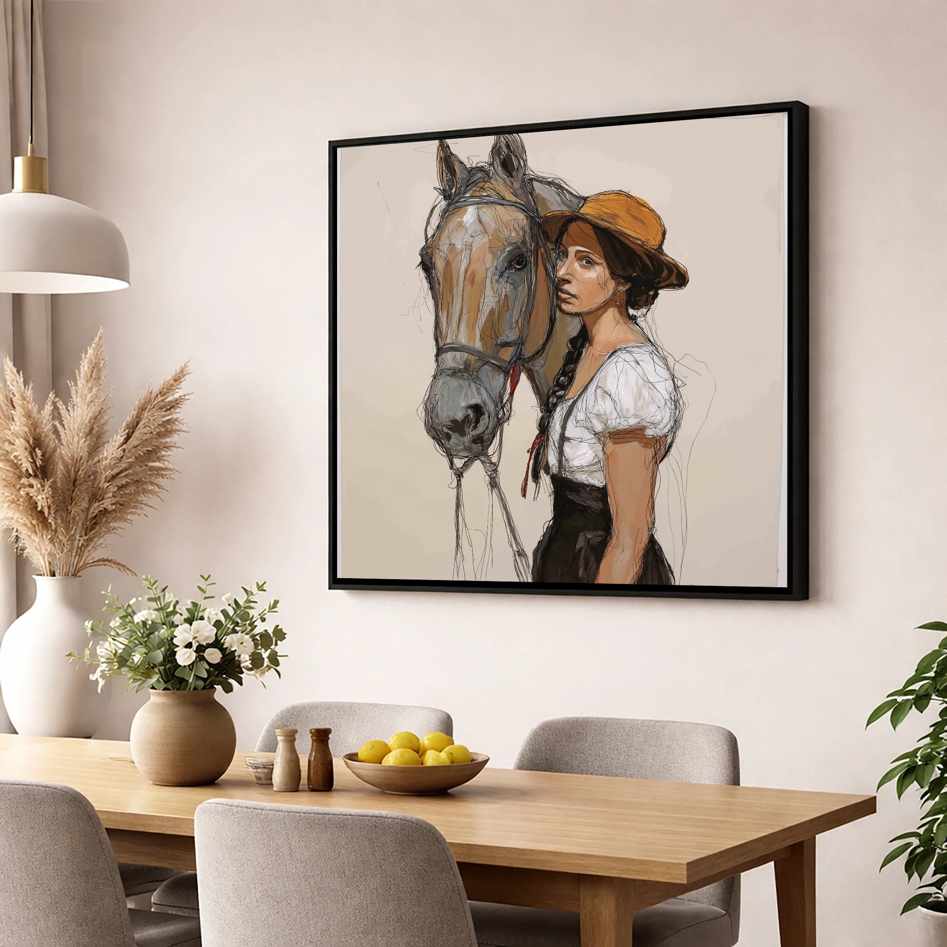 Unspoken Bond horse & rider wall art displayed in a dining room
