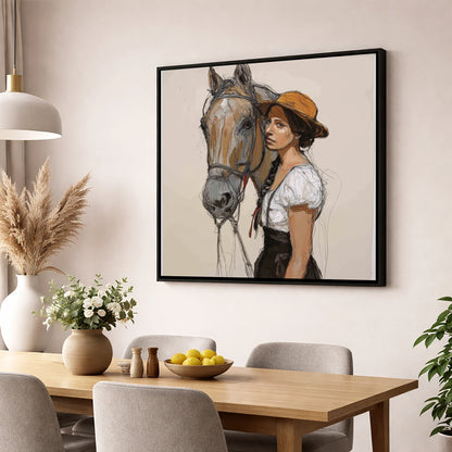 Unspoken Bond horse & rider wall art displayed in a dining room