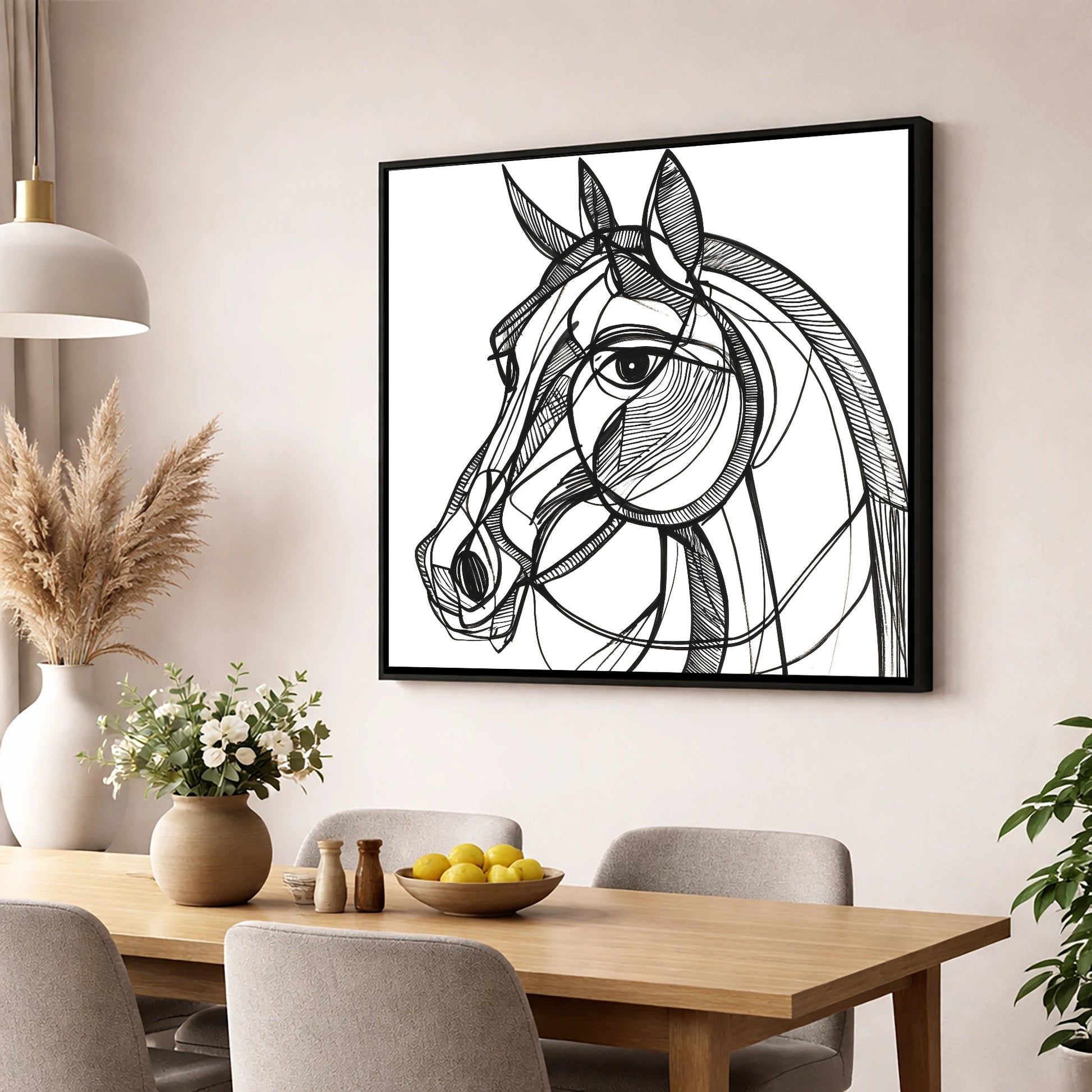 Bold Linear Equine horse portrait wall art displayed in a dining room