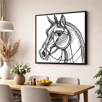 Bold Linear Equine horse portrait wall art displayed in a dining room