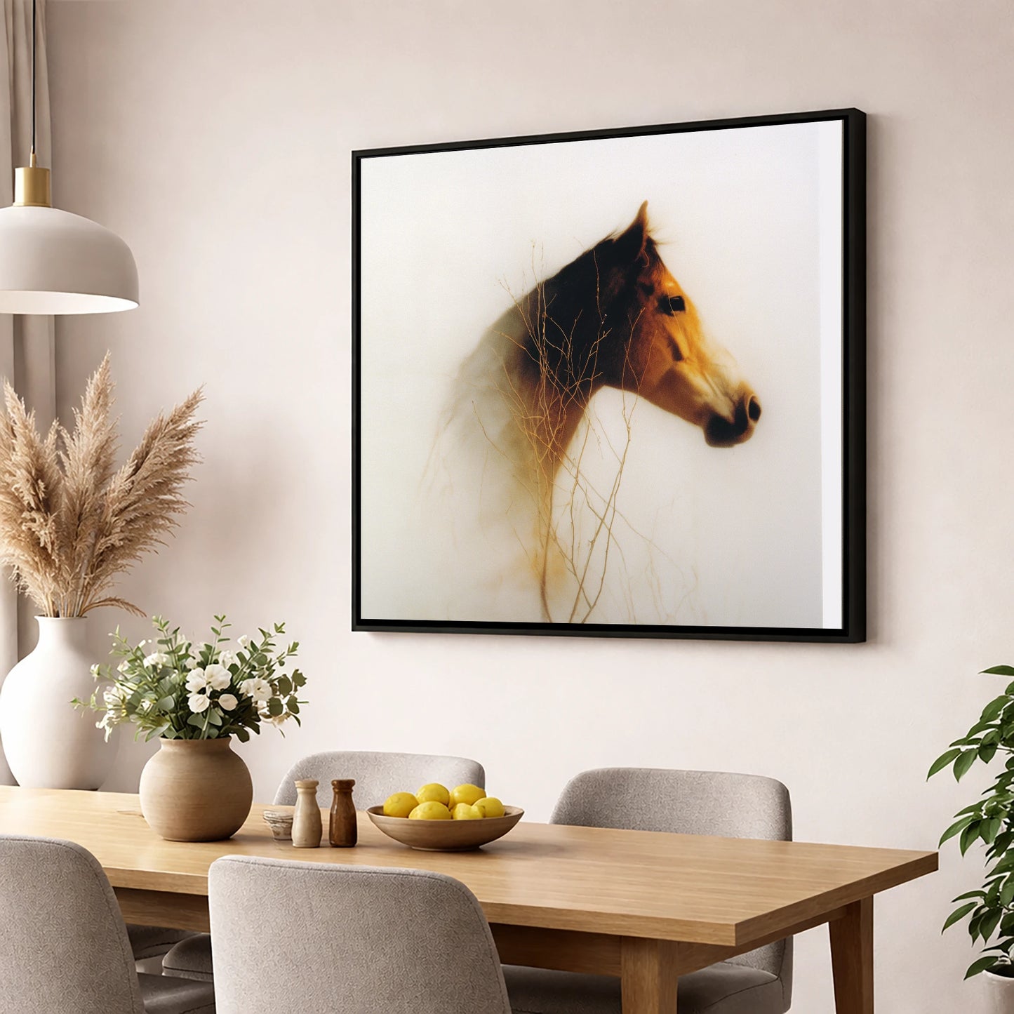 Ethereal Amber Portrait horse portrait wall art displayed in a dining room