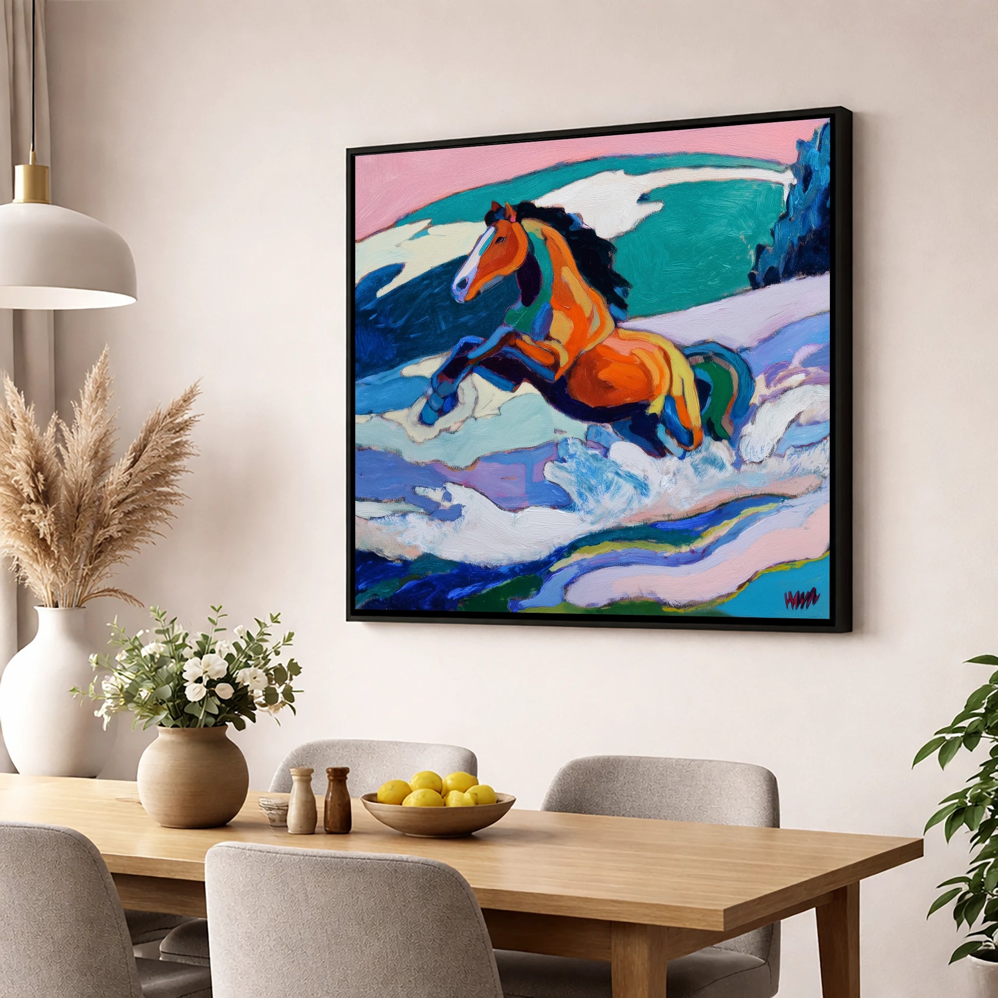 Vivid Coastal Leap beach horse wall art displayed in a dining room