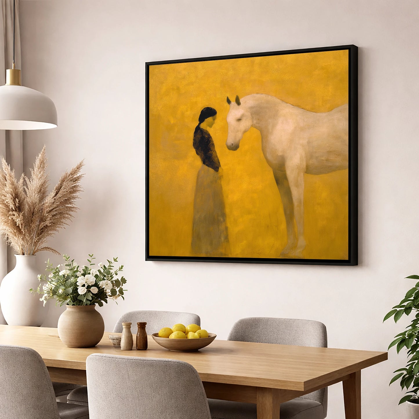 A Quiet Kinship horse & rider wall art displayed in a dining room