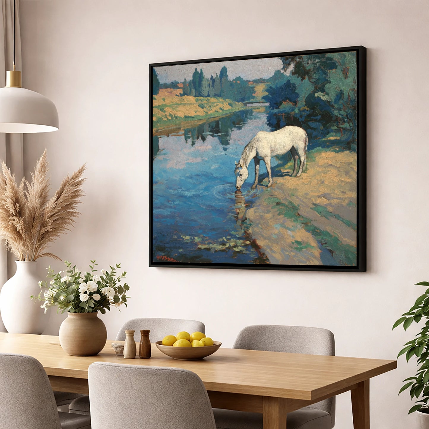 Solace at the River horse landscape wall art displayed in a dining room