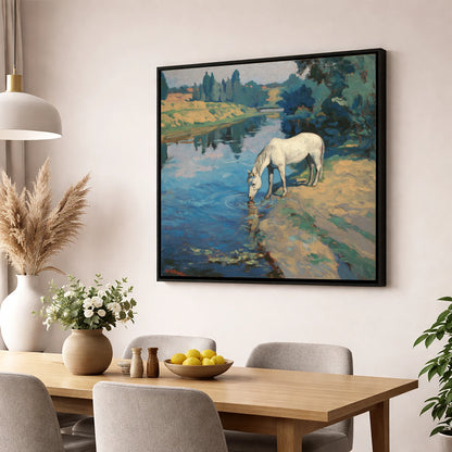 Solace at the River horse landscape wall art displayed in a dining room