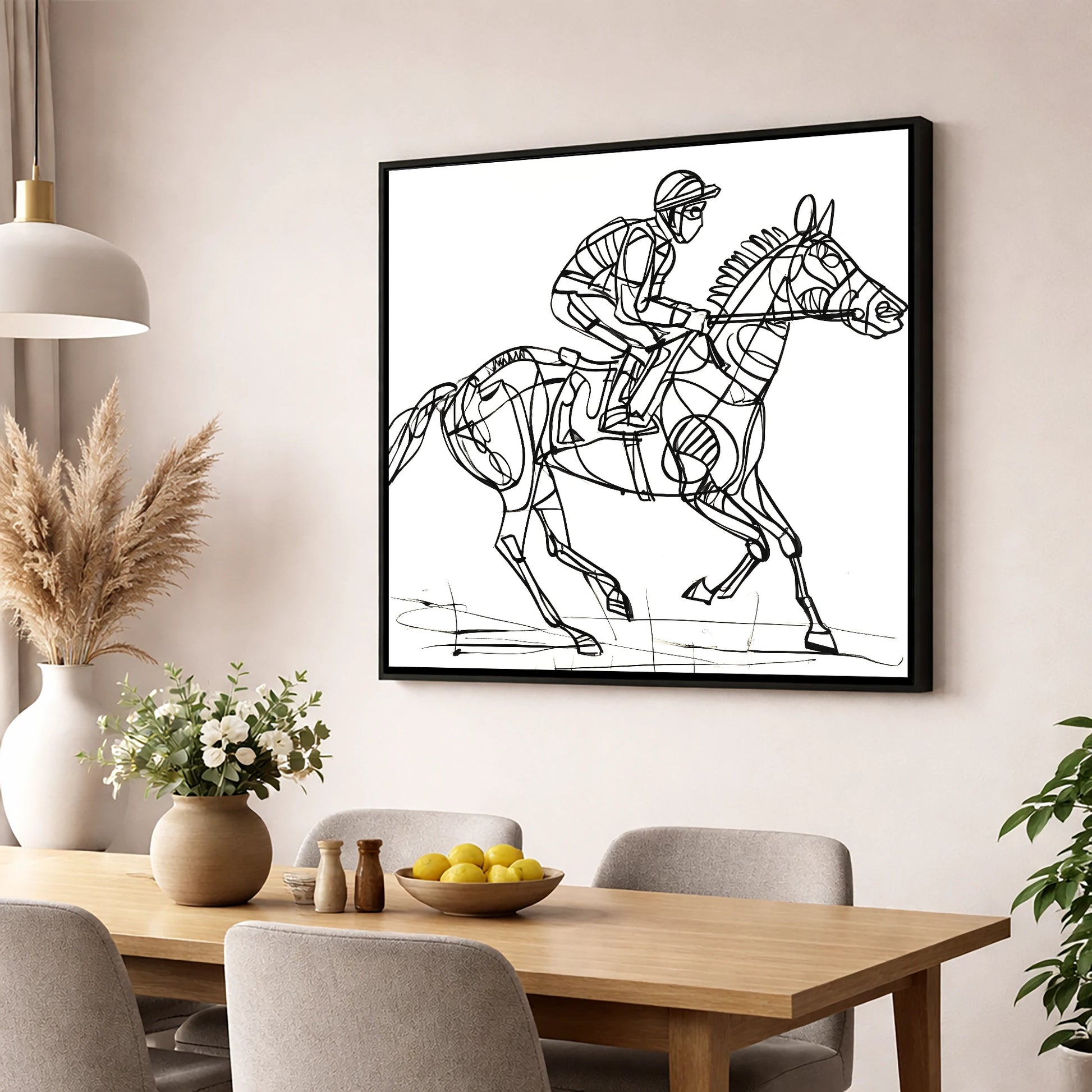 Geometry of Speed racing horse wall art displayed in a dining room