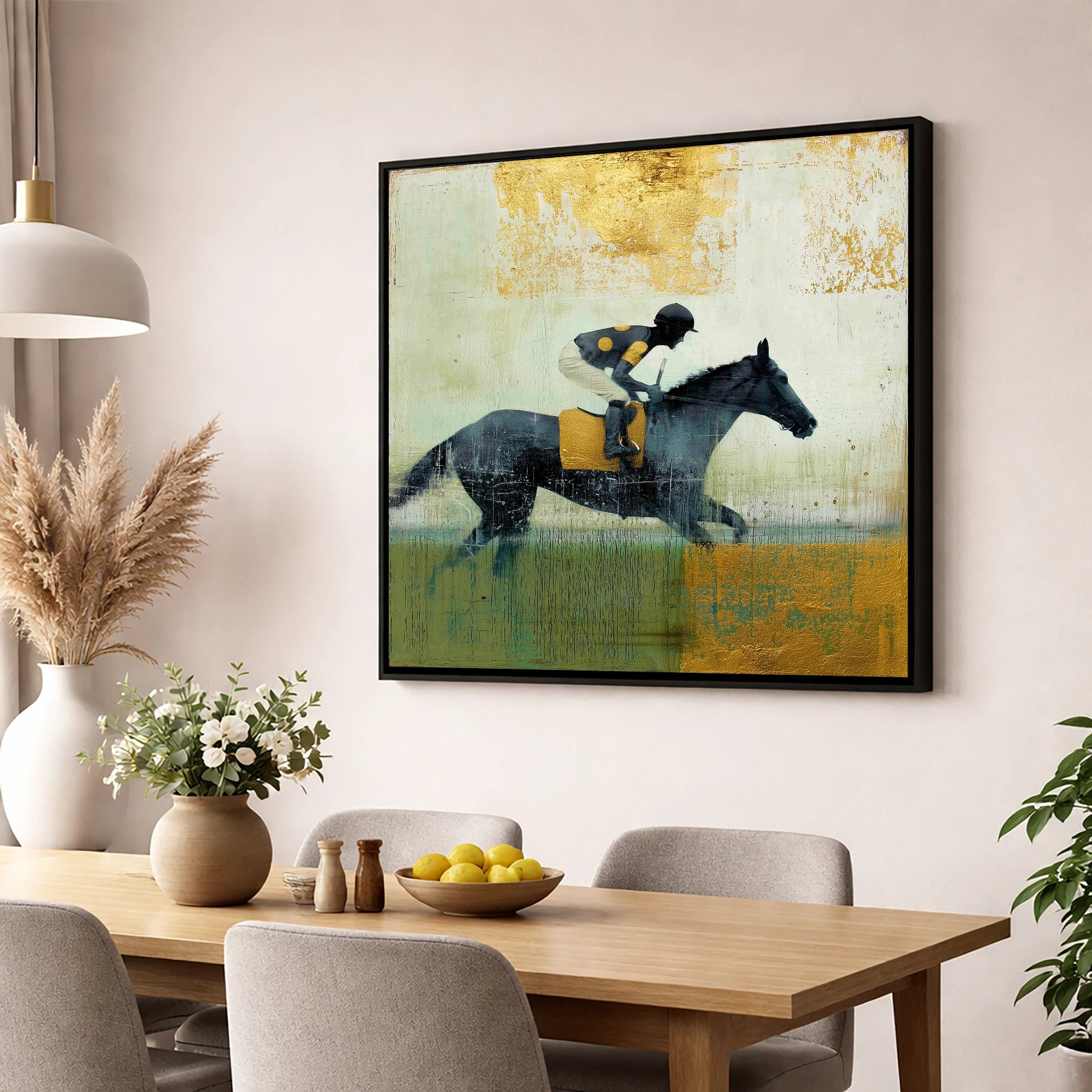 The Golden Furlong racing horse wall art displayed in a dining room