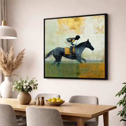 The Golden Furlong racing horse wall art displayed in a dining room