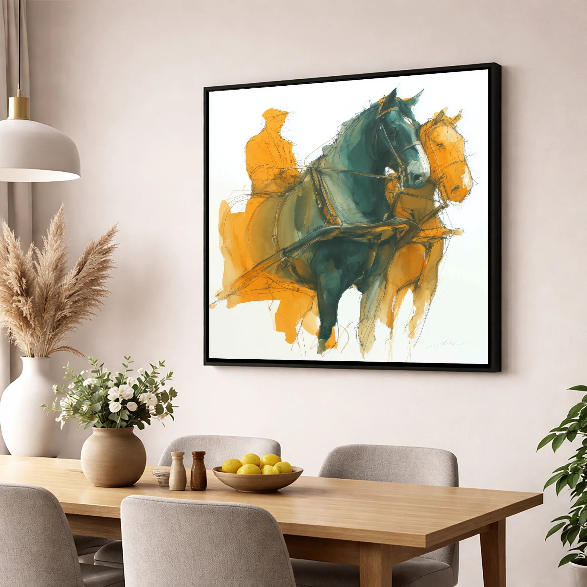 Harnessed Momentum working horse wall art displayed in a dining room