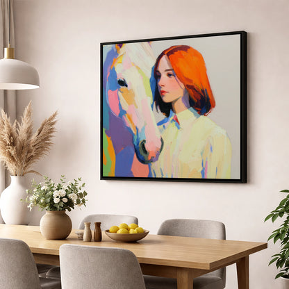 The Colour of Connection horse & rider wall art displayed in a dining room