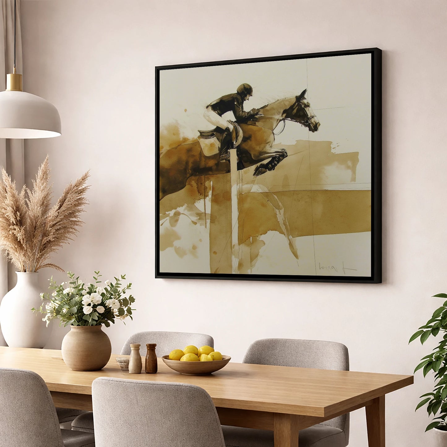 The Perfect Bascule show jumping horse wall art displayed in a dining room