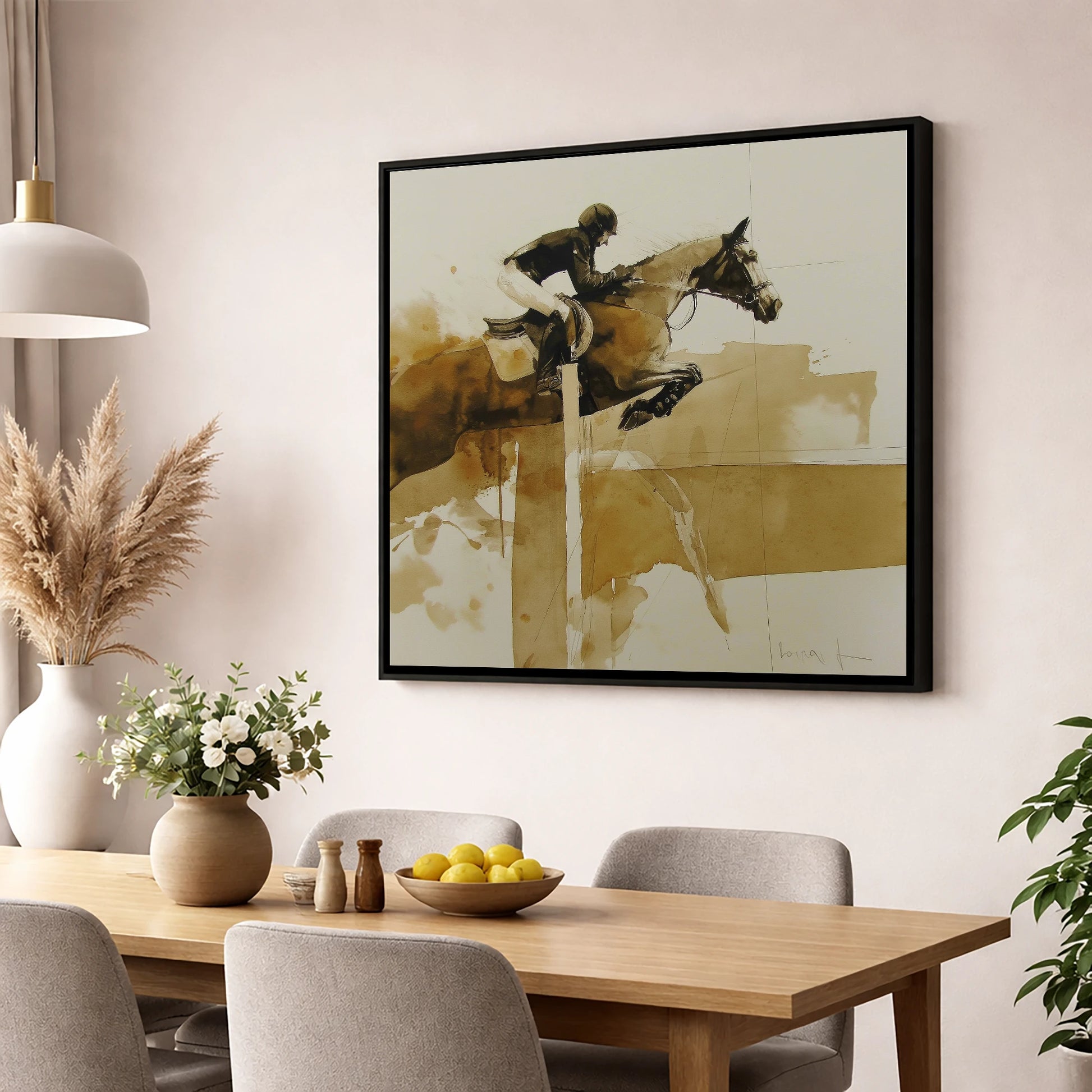 The Perfect Bascule show jumping horse wall art displayed in a dining room