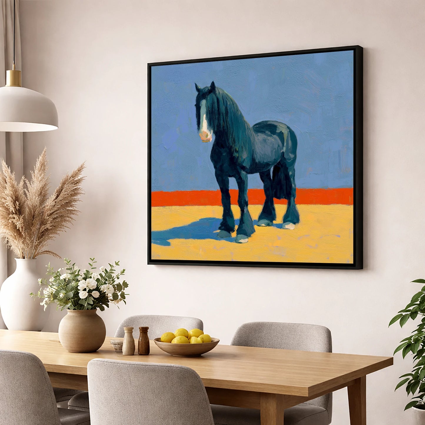 The Painted Shire horse breed wall art displayed in a dining room