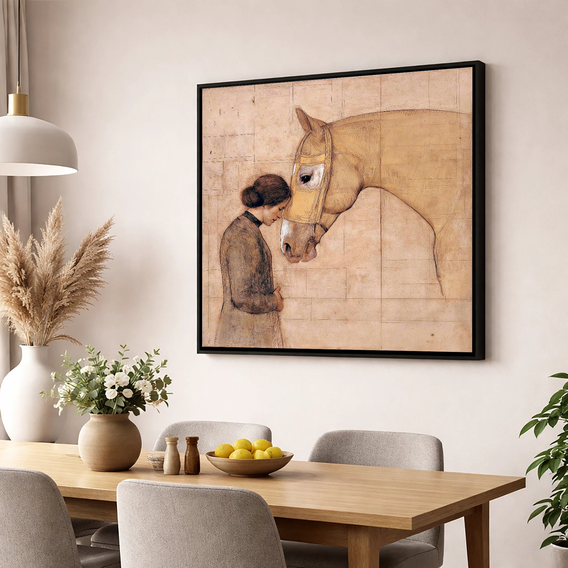 The Silent Language horse & rider wall art displayed in a dining room
