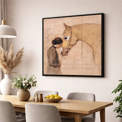 The Silent Language horse & rider wall art displayed in a dining room