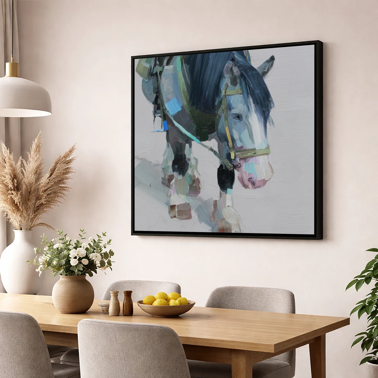 Quiet Strength horse breed wall art displayed in a dining room