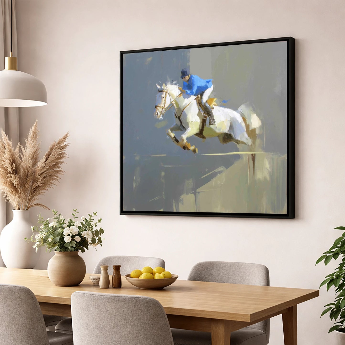 Suspension in Slate show jumping horse wall art displayed in a dining room