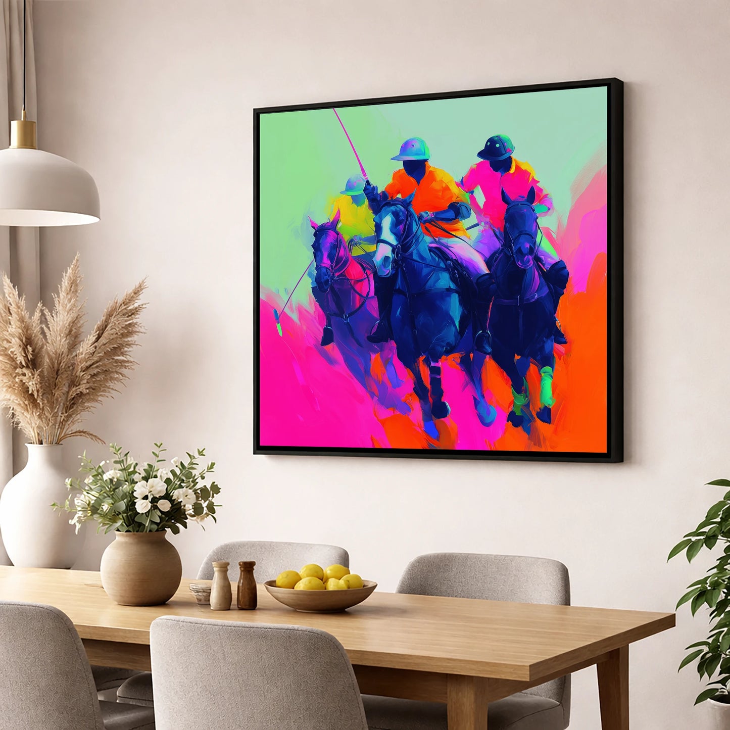 Pulse of the Match polo horse wall art displayed in a dining room