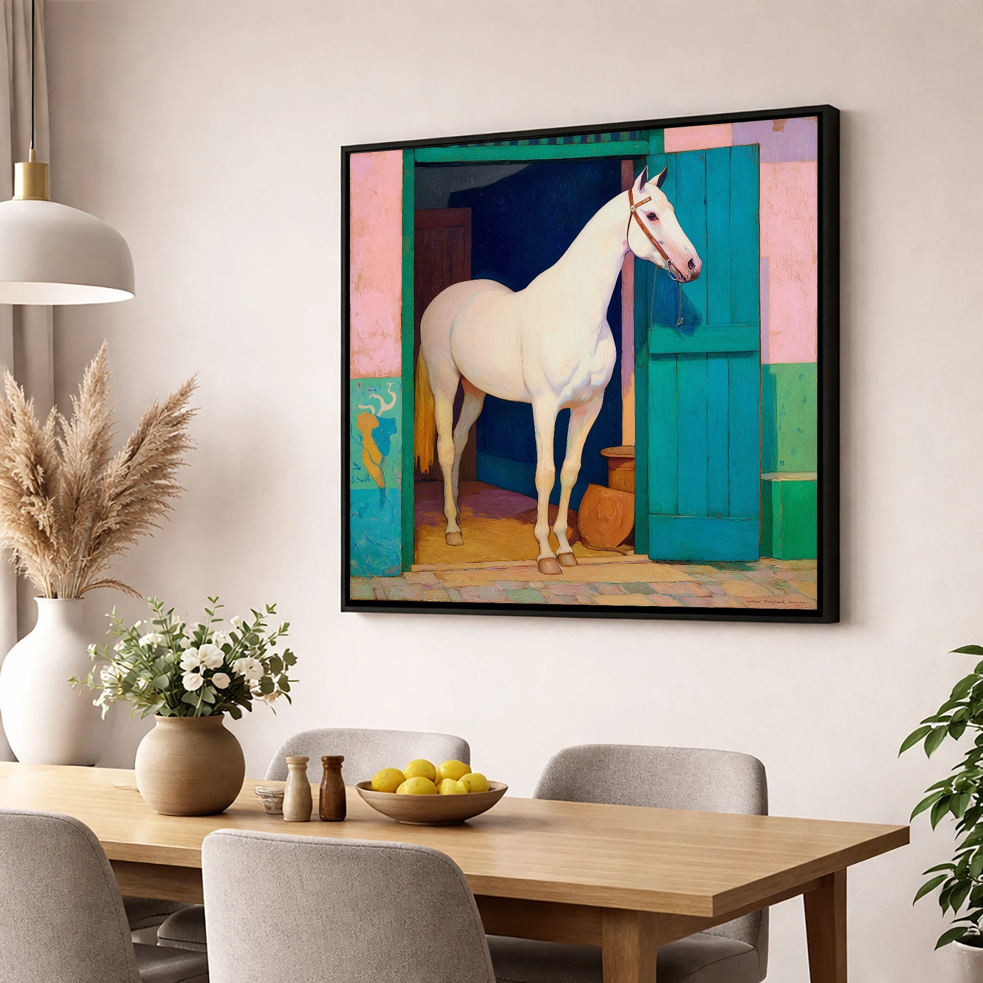 The Turquoise Door horse stable wall art displayed in a dining room