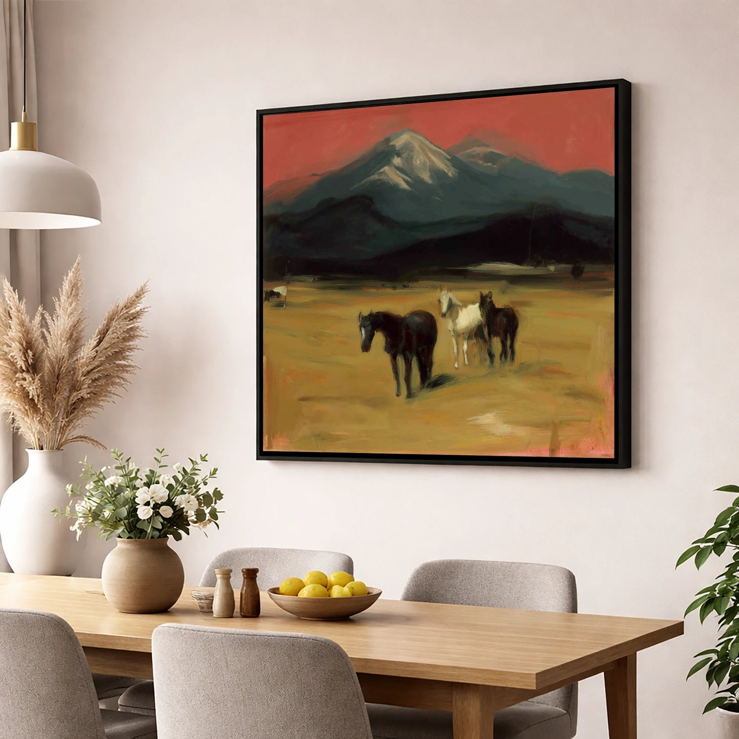 Crimson Sky Pastures horse landscape wall art displayed in a dining room