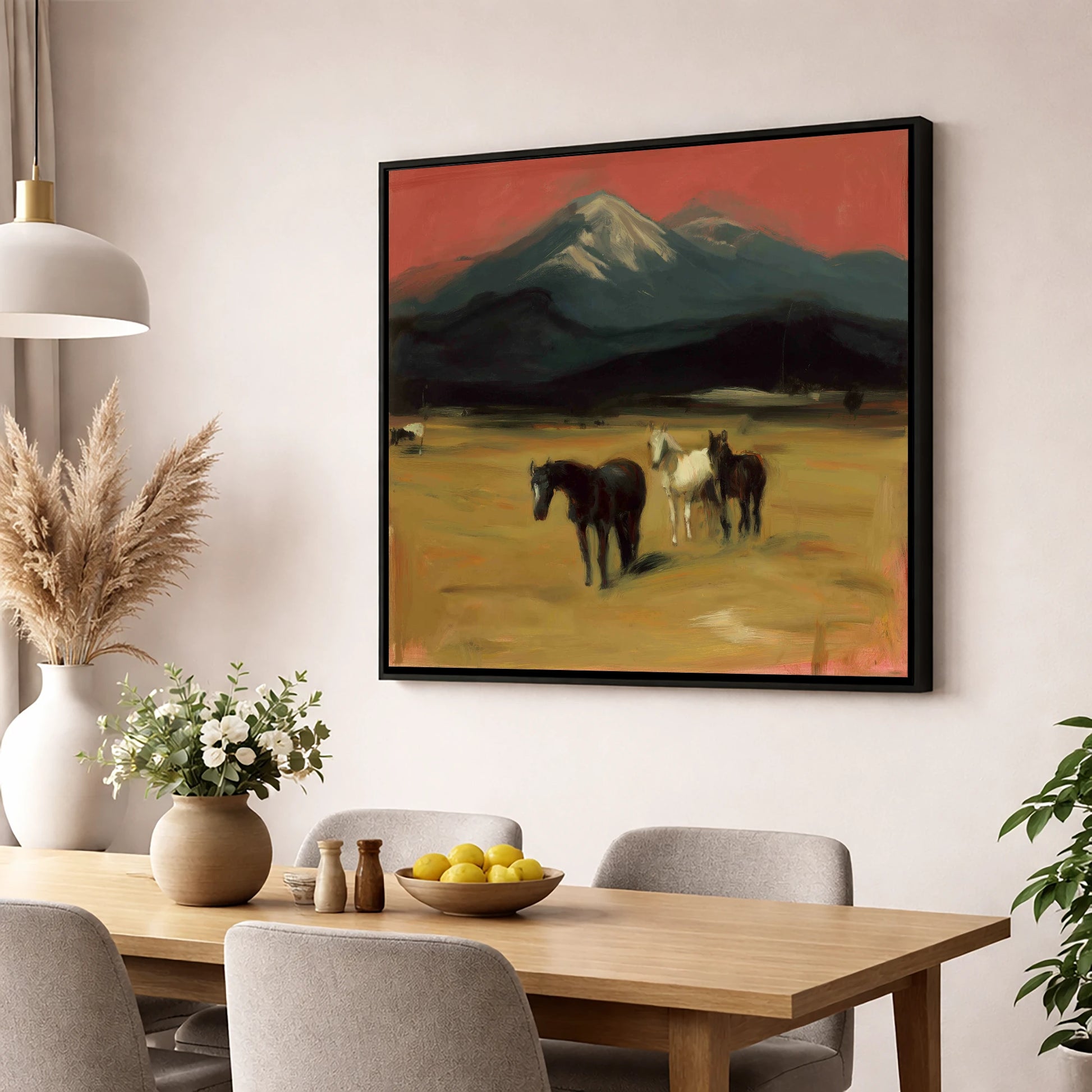 Crimson Sky Pastures horse landscape wall art displayed in a dining room
