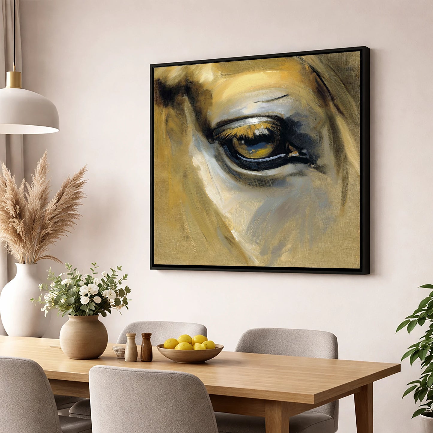 The Amber Gaze horse portrait wall art displayed in a dining room