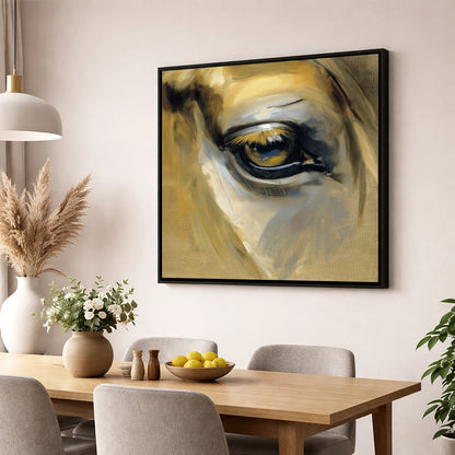 The Amber Gaze horse portrait wall art displayed in a dining room