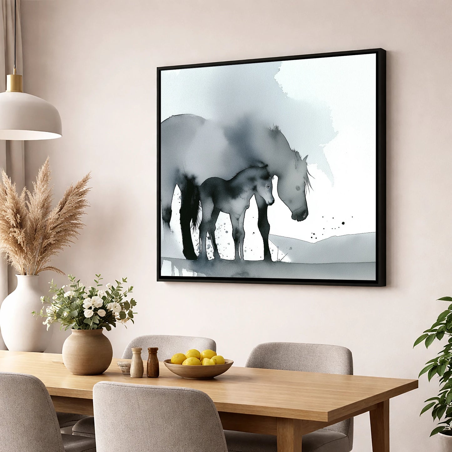 Gentle Shadows mare & foal wall art displayed in a dining room
