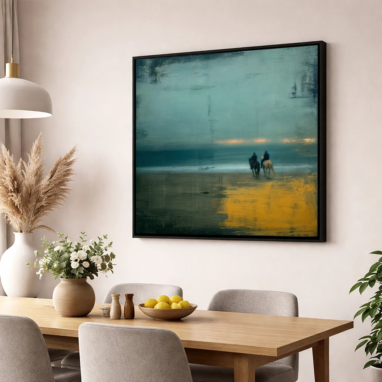 Ochre Tide Riders horse landscape wall art displayed in a dining room
