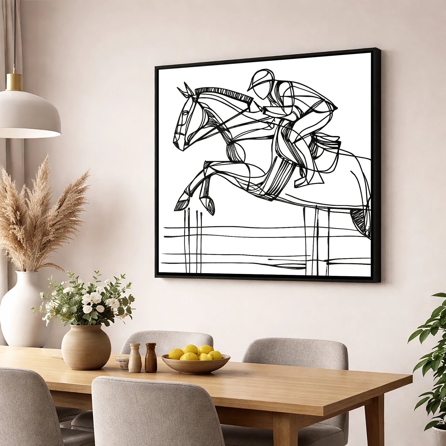 The Perfect Arc show jumping horse wall art displayed in a dining room