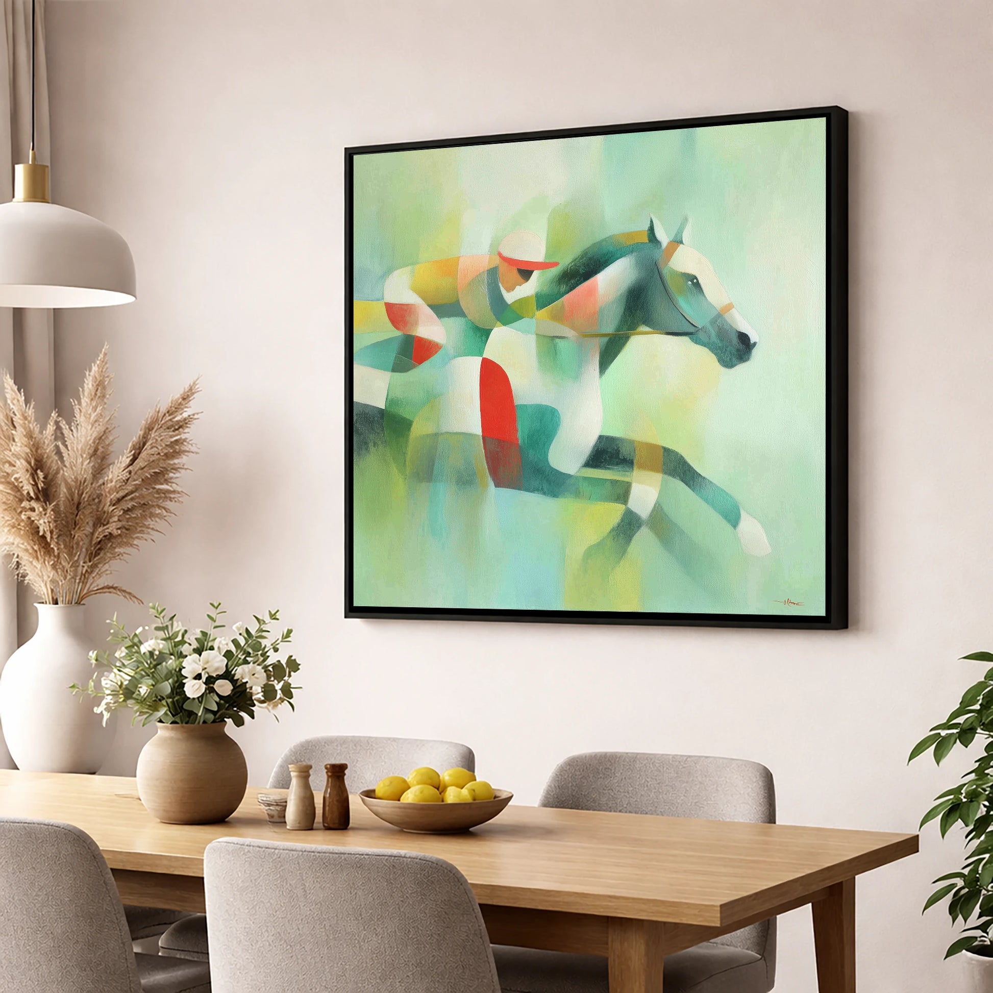 Prismatic Racing Stride racing horse wall art displayed in a dining room