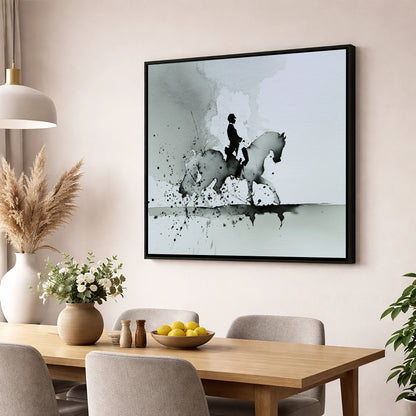 Silhouetted Dressage Elegance dressage horse wall art displayed in a dining room