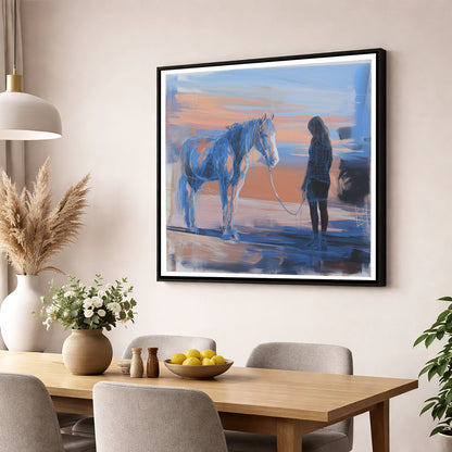 The Quiet Language horse & rider wall art displayed in a dining room