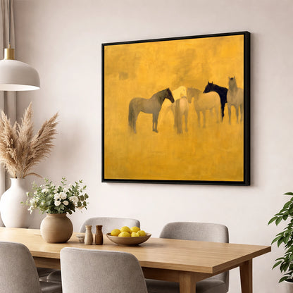 Sunlit Gathering wild horses wall art displayed in a dining room