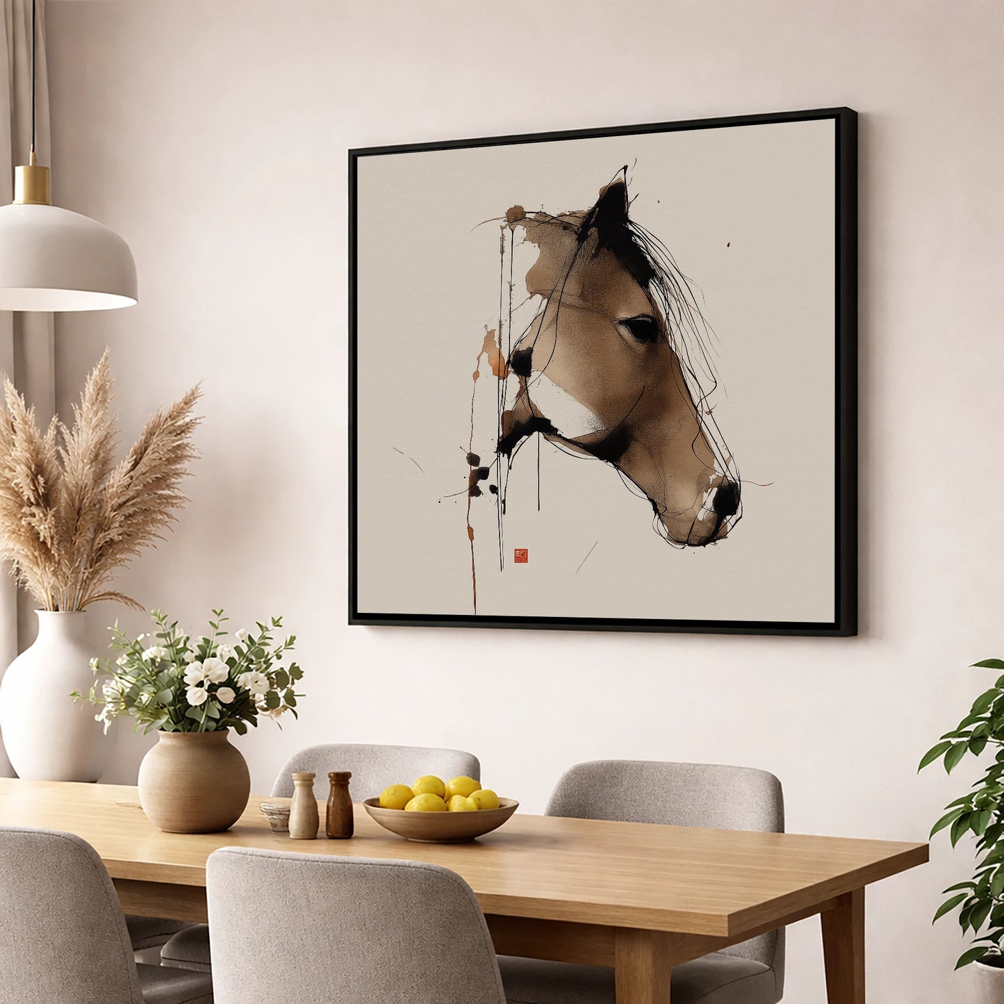 Dynamic Sepia Equine Profile horse portrait wall art displayed in a dining room
