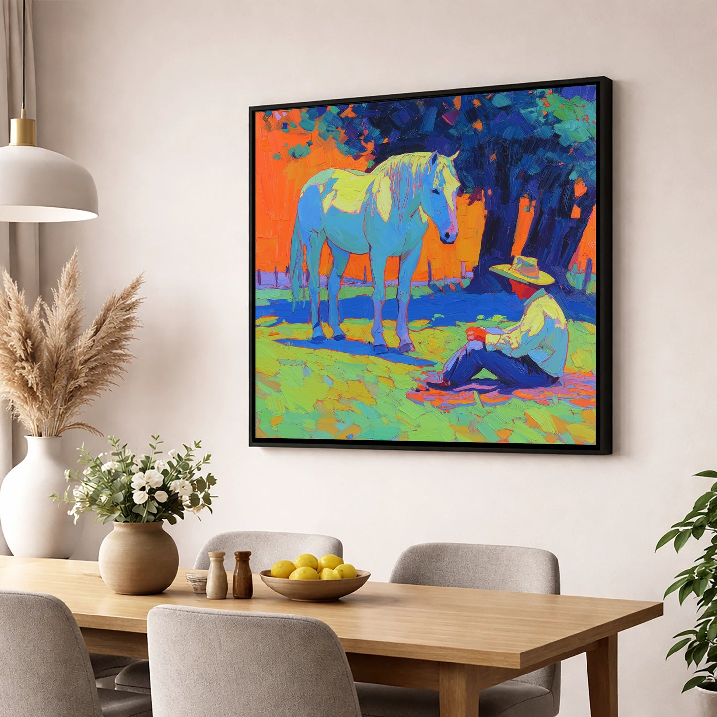 Vibrant Sunset Companion horse & rider wall art displayed in a dining room