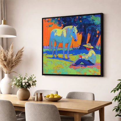 Vibrant Sunset Companion horse & rider wall art displayed in a dining room