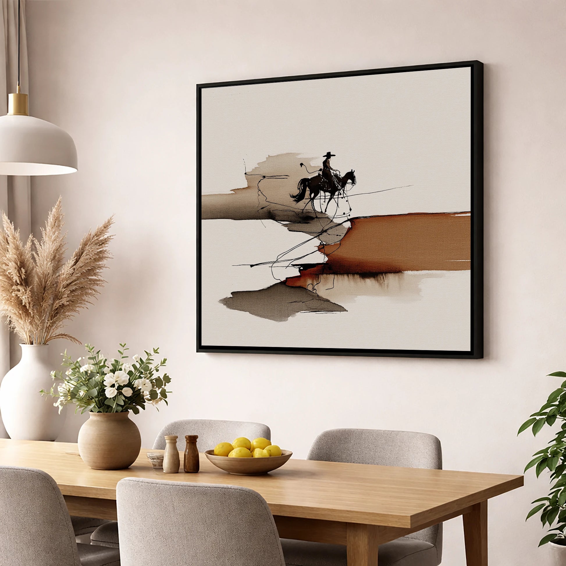 Canyon Trail Silhouette western horse wall art displayed in a dining room