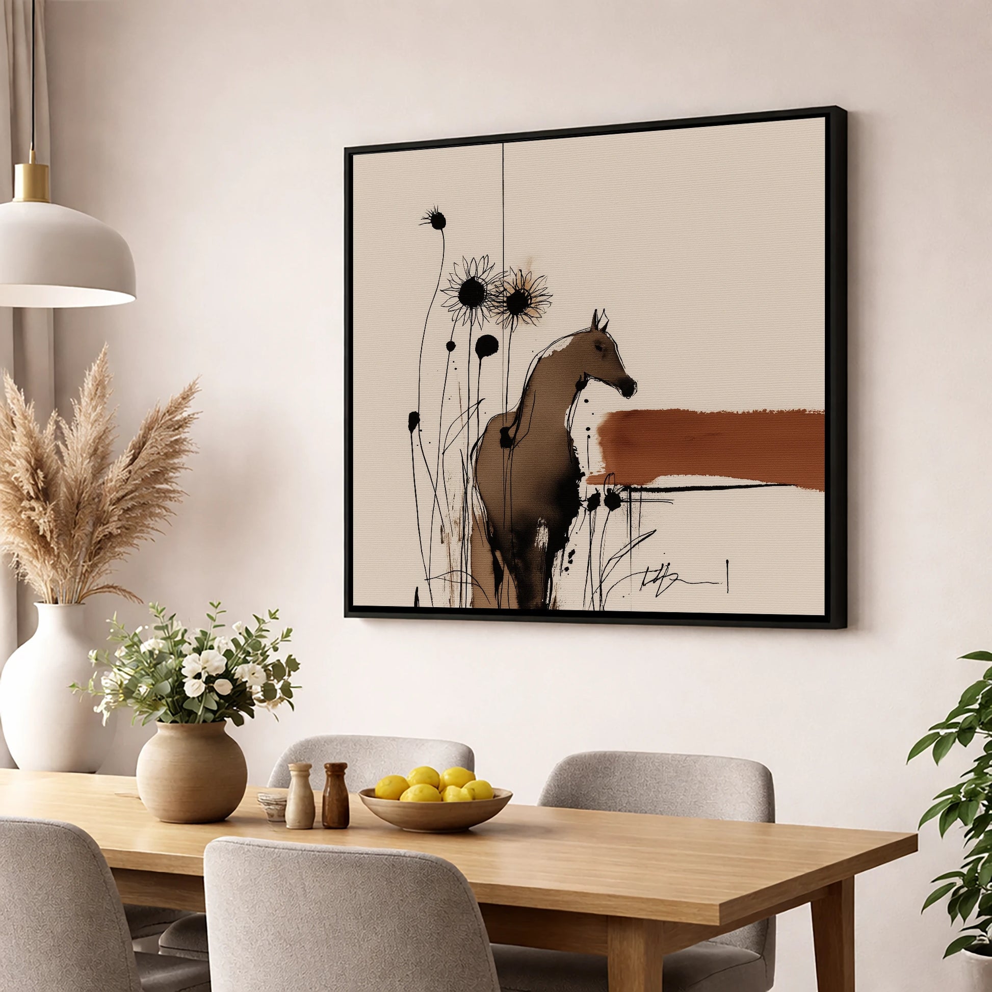 Rust and Shadows horse portrait wall art displayed in a dining room