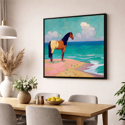 The Painted Shoreline horse landscape wall art displayed in a dining room
