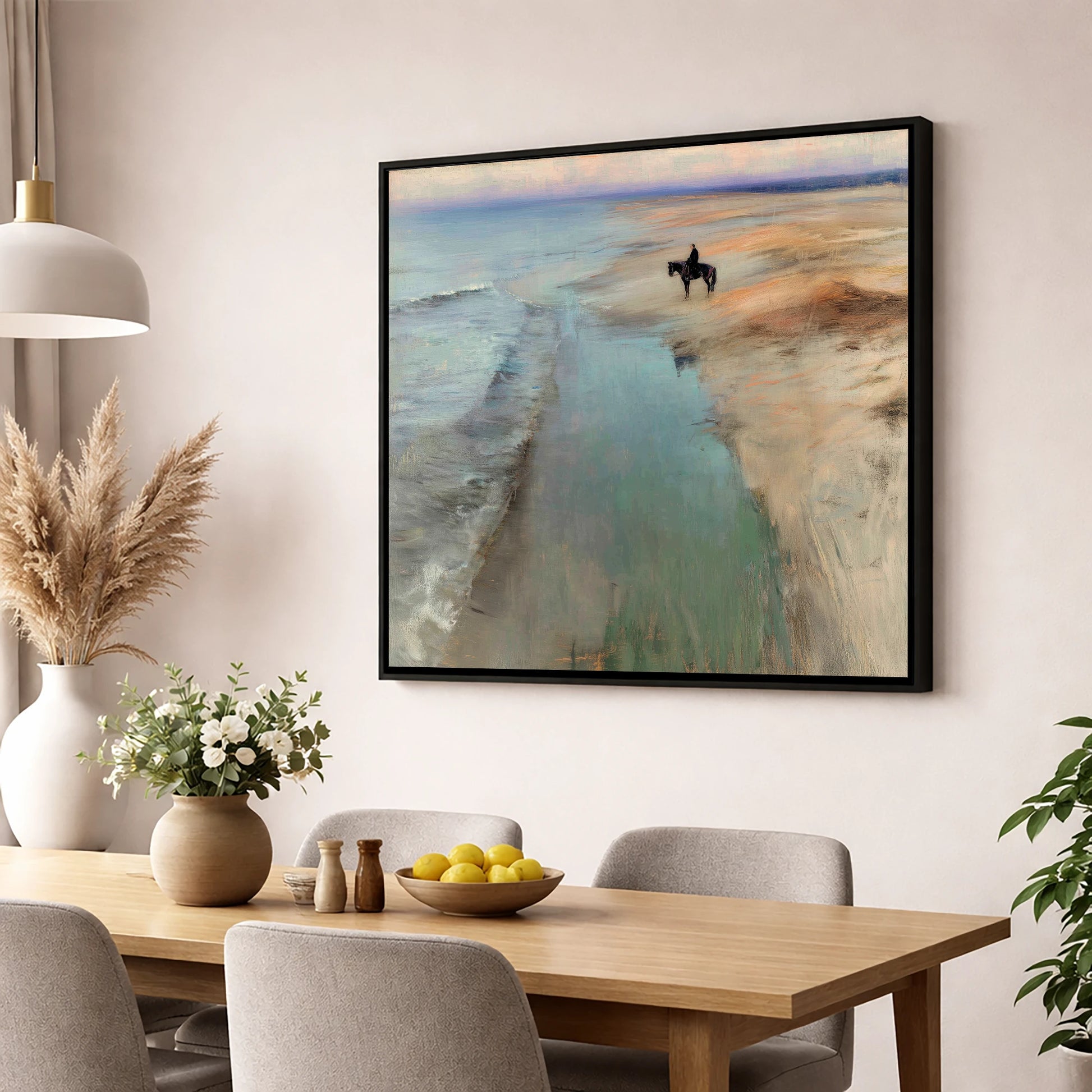 Coastal Solitude horse landscape wall art displayed in a dining room