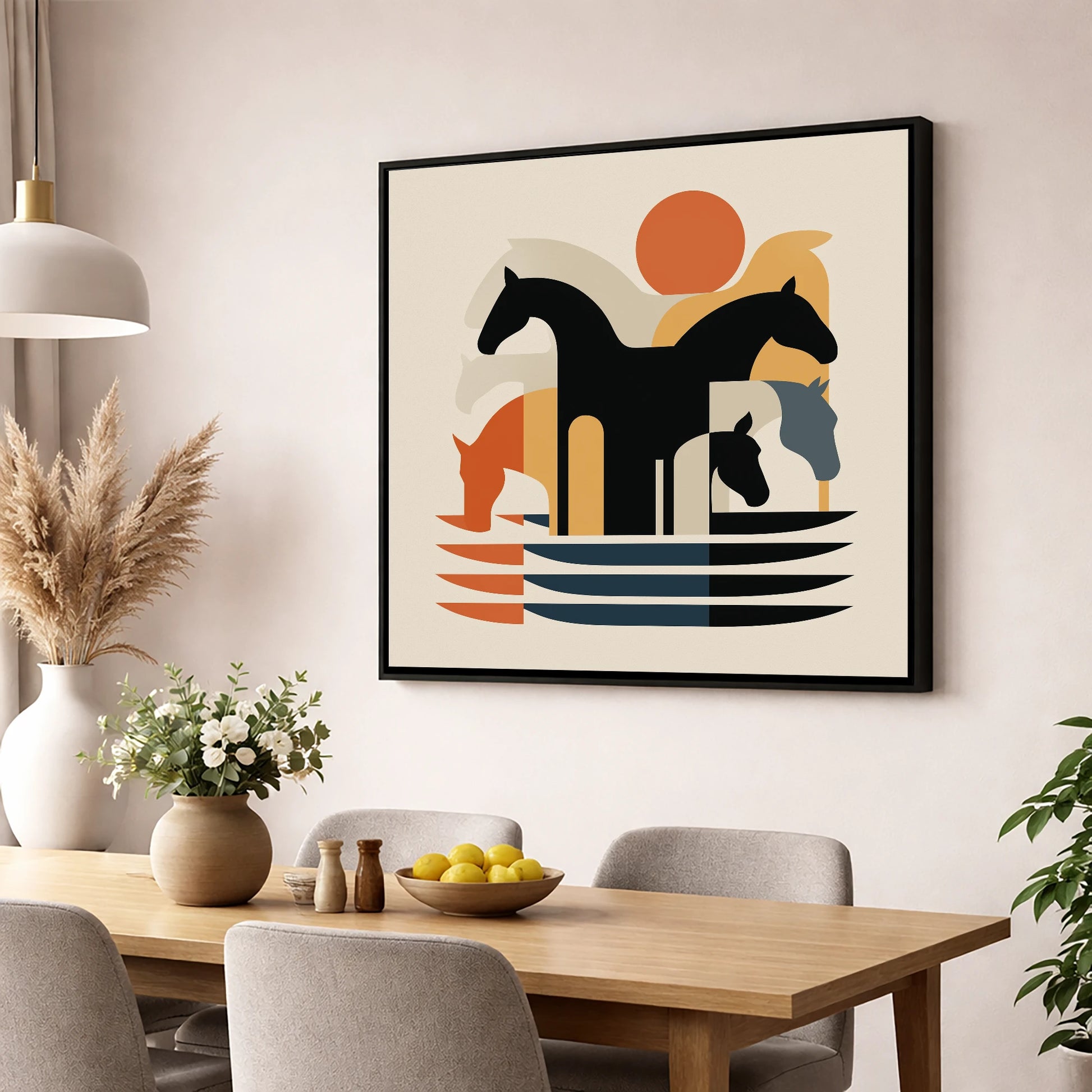 Abstract Terracotta Herd wild horses wall art displayed in a dining room