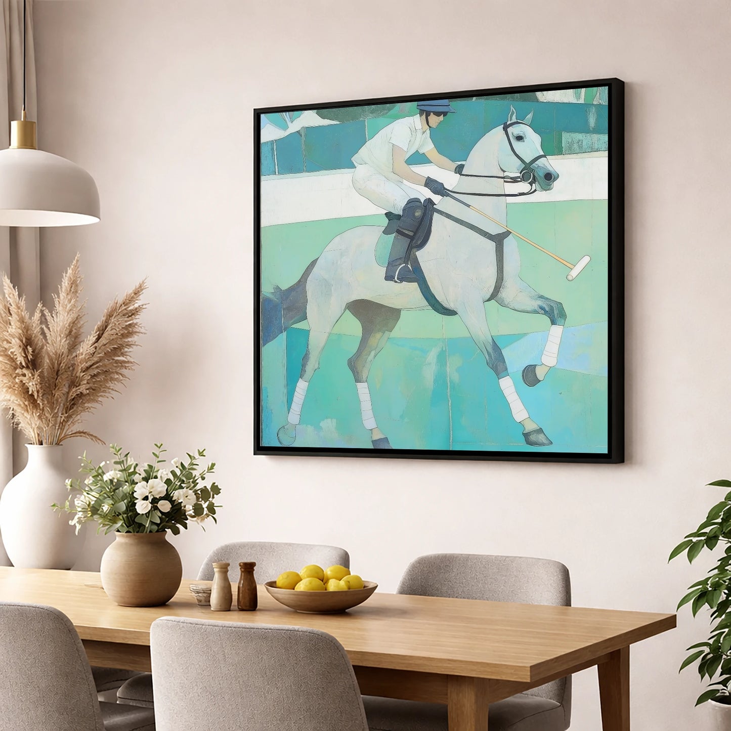 The Serene Chukka polo horse wall art displayed in a dining room