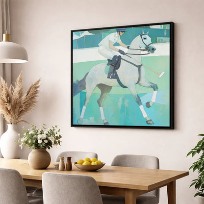 The Serene Chukka polo horse wall art displayed in a dining room